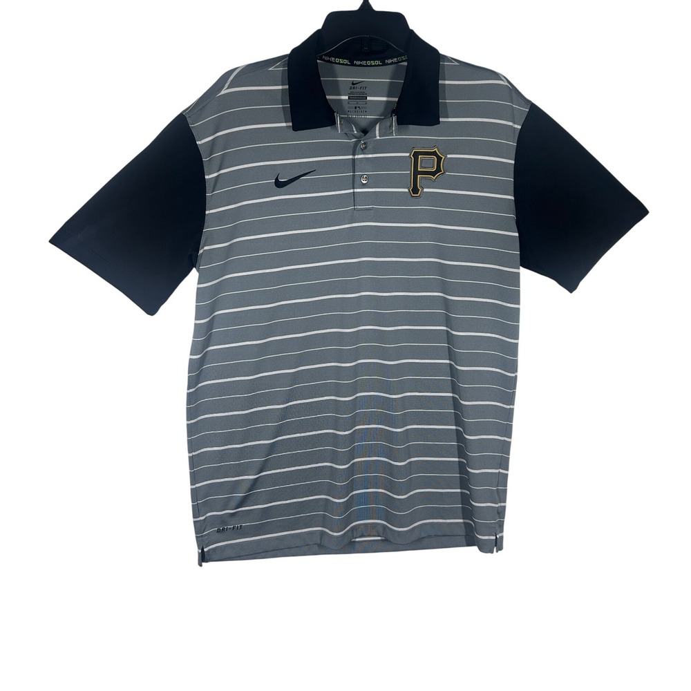 Nike Pittsburgh Pirates MLB Dri-Fit Striped Polo Shirt Mens Medium Gray Black